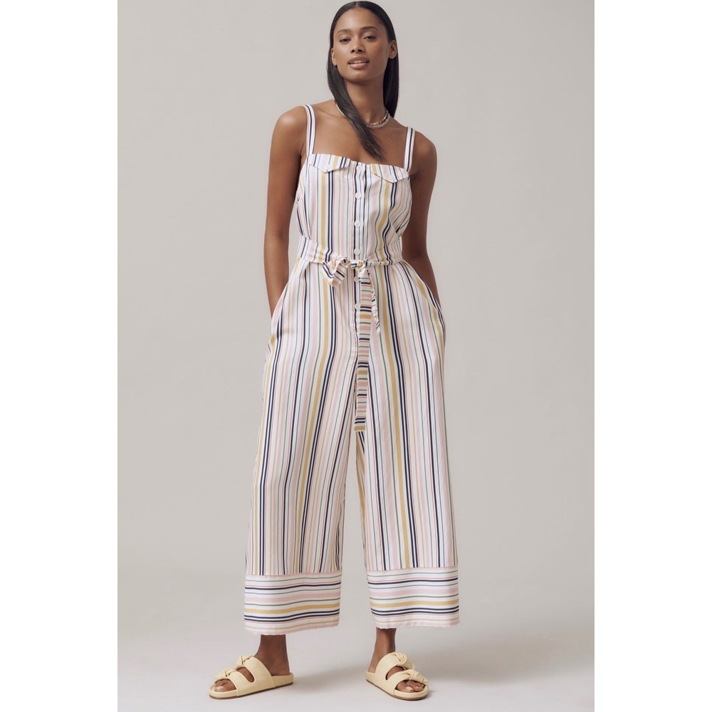 Maeve Anthropologie Easy Sleeveless Shirting Jumpsuit Striped Wide Leg Multi NWT